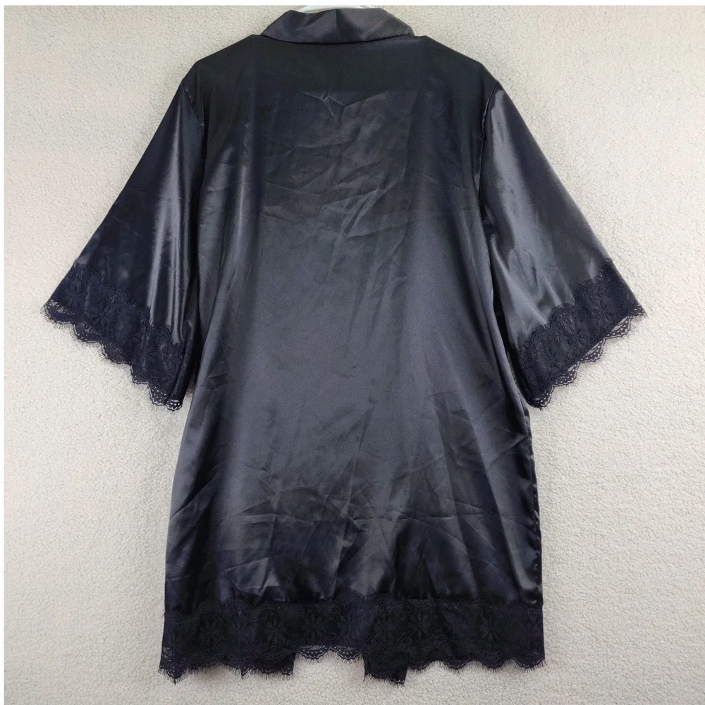 Satin Kimono‎ Robe Womens Small Black Excellent Lace Trim 3/4 Sleeve